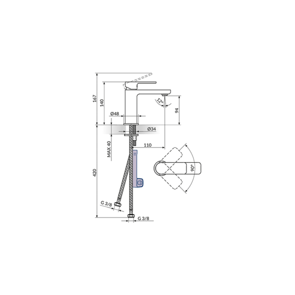 Baterija Za Lavabo Rosan S2 GOLD 230101G - skica