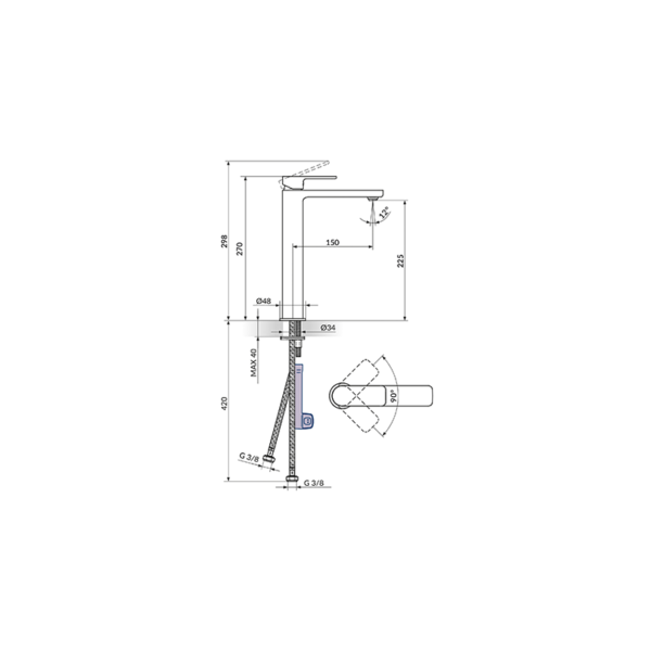 Baterija Za Lavabo Visoka Rosan S2 GOLD 230109G - skica