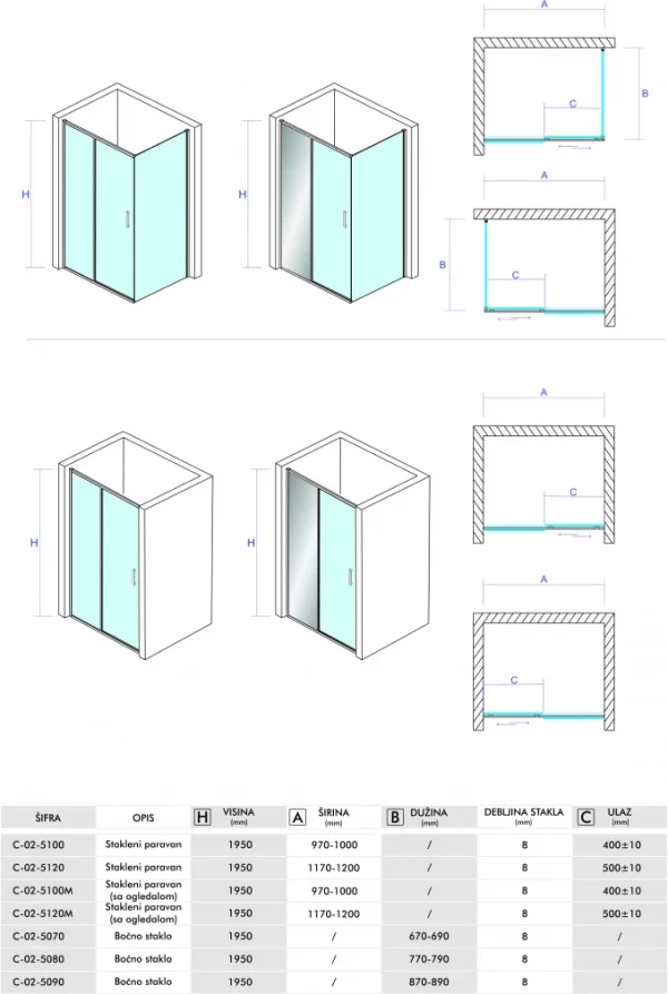 Bočno staklo CONCEPT TITAN 70x195cm staklo 8mm providno - skica