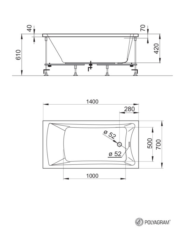 Ugradna kada 140x70cm Hera Polyagram - skica