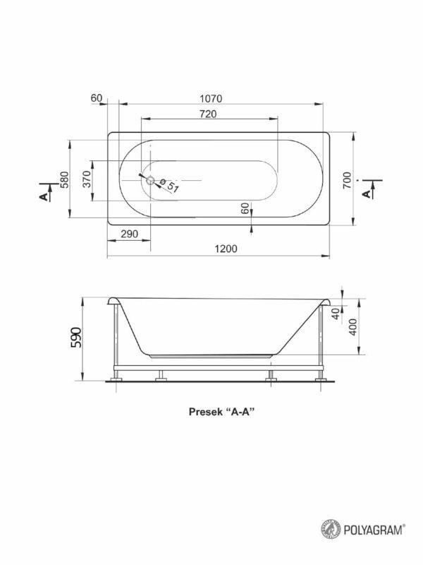 Komplet Kada sa oplatom i postoljem 120x70cm Klasik Polyagram - skica