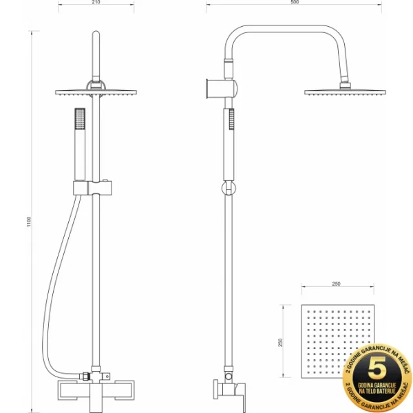 Baterija za tuš MINOTTI QUADRA sa komplet usponskim tušem ruža 250x250 - skica