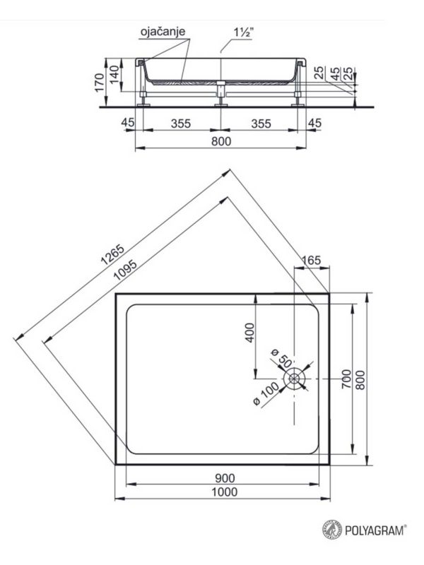 Tuš kada sa oblogom i postoljem Alfa 100x80x17cm Polyagram - skica