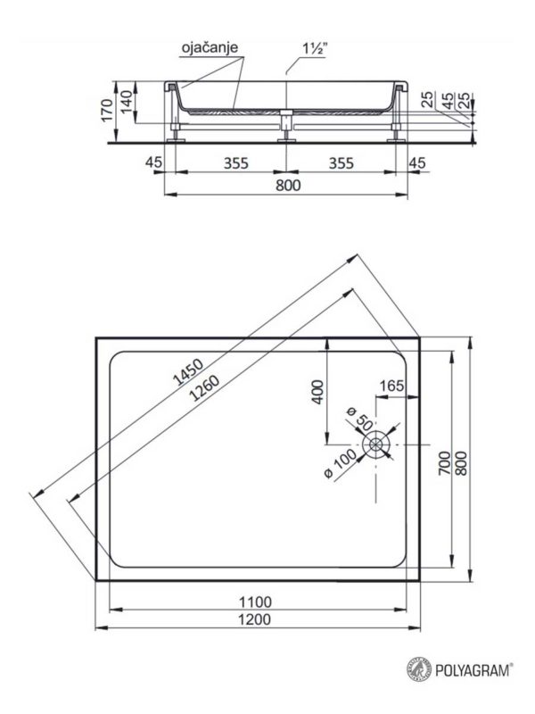 Tuš kada sa oblogom i postoljem Alfa 120x80x17cm Polyagram - skica