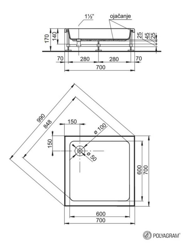 Tuš kada sa oblogom i postoljem Alfa 70x70x17cm Polyagram - skica