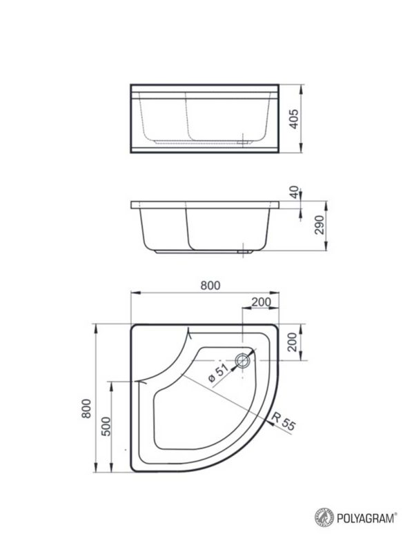 Tuš kada duboka sa oblogom i postoljem R80x40.5cm Polyagram - skica