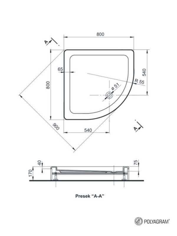 Tuš kada sa oblogom i postoljem R80x17cm Polyagram ø50 - skica