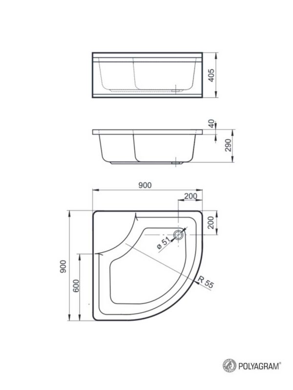 Tuš kada duboka sa oblogom i postoljem R90x40.5cm Polyagram - skica