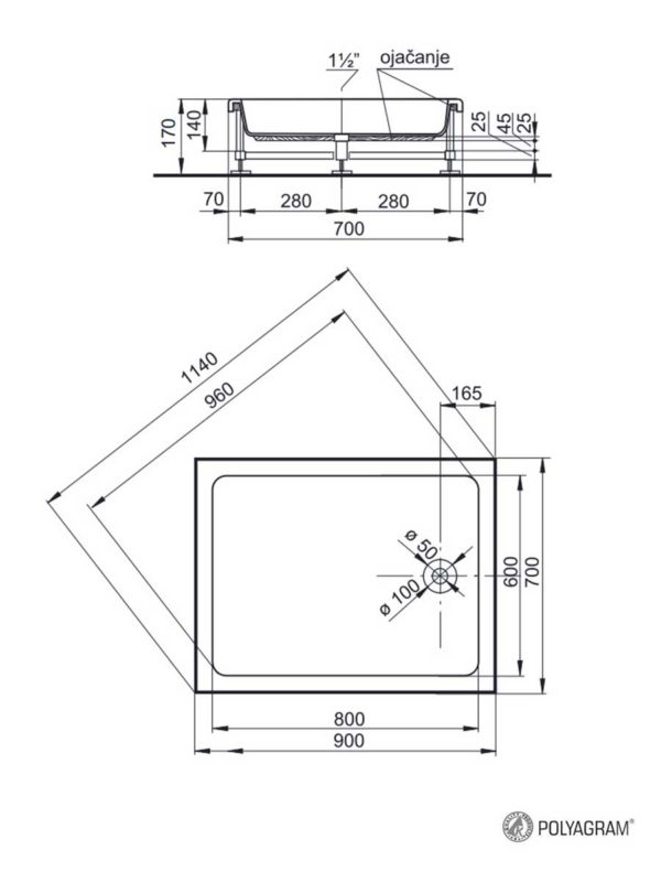 Tuš kada sa oblogom i postoljem Alfa 90x70x17cm Polyagram - skica