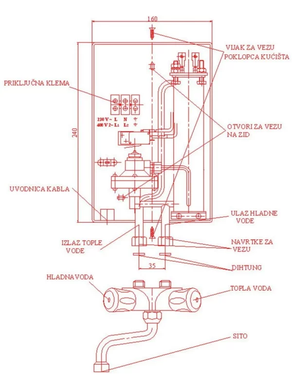 Protočni bojler PGV 4,5kW Visoko montažni TERMIL - skica